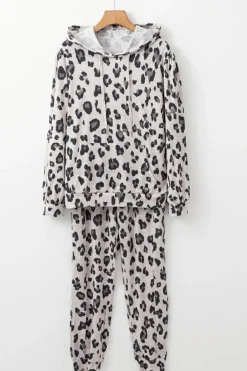 Best Dear-Lover Leopard Print Drawstring Hoodie and Skinny Pants Lounge Set Khaki