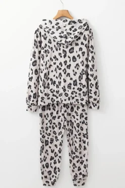 Best Dear-Lover Leopard Print Drawstring Hoodie and Skinny Pants Lounge Set Khaki