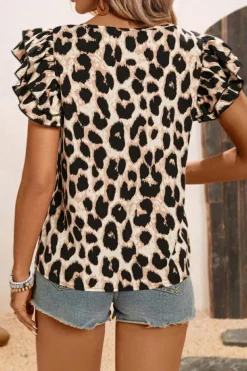 New Dear-Lover Leopard Print Layered Ruffled Short Sleeve Blouse Khaki