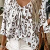 Online Dear-Lover Leopard Print Ruched V Neck 3/4 Sleeve Blouse Khaki