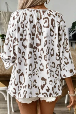 Online Dear-Lover Leopard Print Ruched V Neck 3/4 Sleeve Blouse Khaki