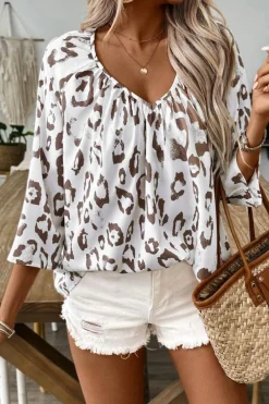 Online Dear-Lover Leopard Print Ruched V Neck 3/4 Sleeve Blouse Khaki