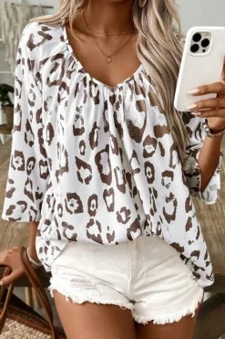Online Dear-Lover Leopard Print Ruched V Neck 3/4 Sleeve Blouse Khaki