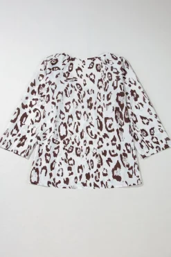 Online Dear-Lover Leopard Print Ruched V Neck 3/4 Sleeve Blouse Khaki