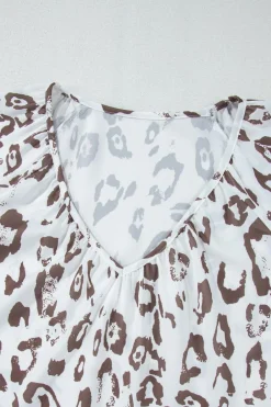 Online Dear-Lover Leopard Print Ruched V Neck 3/4 Sleeve Blouse Khaki