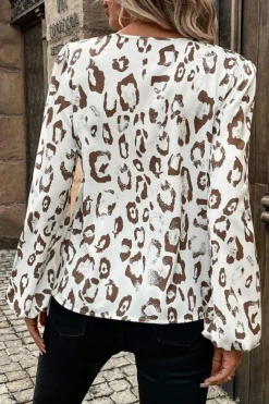 Best Dear-Lover Leopard Print Split Neck Balloon Sleeve Blouse Khaki