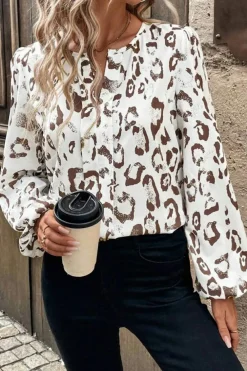 Best Dear-Lover Leopard Print Split Neck Balloon Sleeve Blouse Khaki