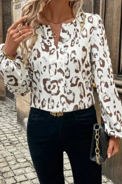 Best Dear-Lover Leopard Print Split Neck Balloon Sleeve Blouse Khaki