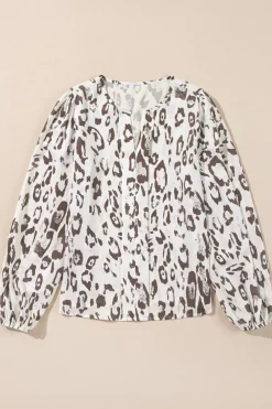 Best Dear-Lover Leopard Print Split Neck Balloon Sleeve Blouse Khaki