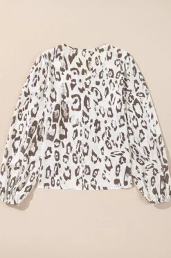Best Dear-Lover Leopard Print Split Neck Balloon Sleeve Blouse Khaki