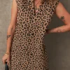 Fashion Dear-Lover Leopard Print V Neck Sleeveless Collared Mini Dress Khaki
