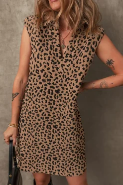 Fashion Dear-Lover Leopard Print V Neck Sleeveless Collared Mini Dress Khaki