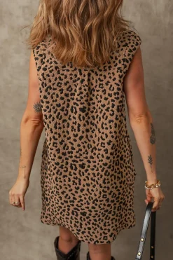 Fashion Dear-Lover Leopard Print V Neck Sleeveless Collared Mini Dress Khaki