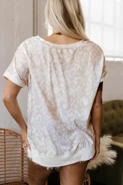 Clearance Dear-Lover Leopard Print V Neck Side Slit Loose Fit T Shirt Khaki