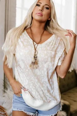 Clearance Dear-Lover Leopard Print V Neck Side Slit Loose Fit T Shirt Khaki