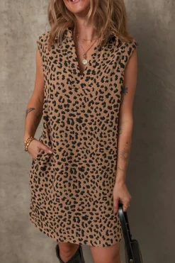 Fashion Dear-Lover Leopard Print V Neck Sleeveless Collared Mini Dress Khaki