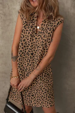 Fashion Dear-Lover Leopard Print V Neck Sleeveless Collared Mini Dress Khaki