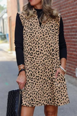 Fashion Dear-Lover Leopard Print V Neck Sleeveless Collared Mini Dress Khaki