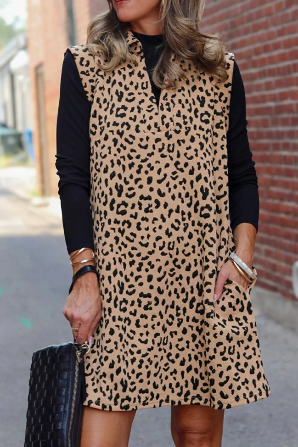 Fashion Dear-Lover Leopard Print V Neck Sleeveless Collared Mini Dress Khaki