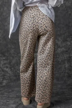 Fashion Dear-Lover Leopard Printed Drawstring Waist Pocketed Wide Leg Jeans Khaki