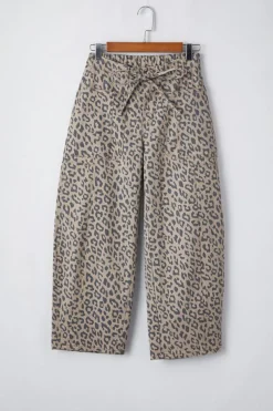 Fashion Dear-Lover Leopard Printed Drawstring Waist Pocketed Wide Leg Jeans Khaki