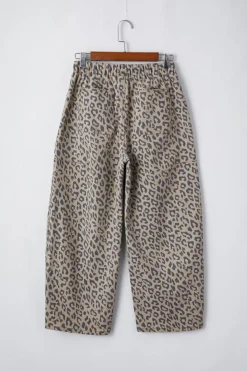 Fashion Dear-Lover Leopard Printed Drawstring Waist Pocketed Wide Leg Jeans Khaki