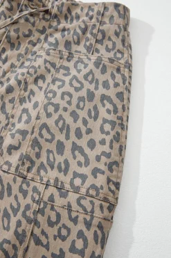 Fashion Dear-Lover Leopard Printed Drawstring Waist Pocketed Wide Leg Jeans Khaki