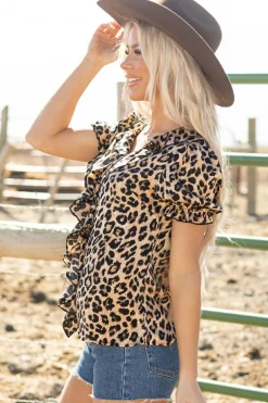 New Dear-Lover Leopard Ruffled Neck Cascading Puff Short Sleeve Top Khaki