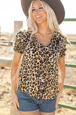 New Dear-Lover Leopard Ruffled Neck Cascading Puff Short Sleeve Top Khaki