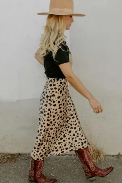 New Dear-Lover Leopard Spots Printed Split Hem Midi Skirt Khaki