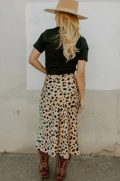 New Dear-Lover Leopard Spots Printed Split Hem Midi Skirt Khaki