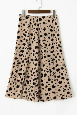 New Dear-Lover Leopard Spots Printed Split Hem Midi Skirt Khaki