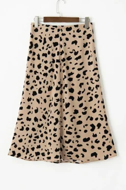 New Dear-Lover Leopard Spots Printed Split Hem Midi Skirt Khaki