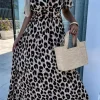 Fashion Dear-Lover Leopard V Neck Cinched High Waist Open Back Maxi Dress Khaki