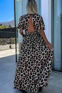 Fashion Dear-Lover Leopard V Neck Cinched High Waist Open Back Maxi Dress Khaki