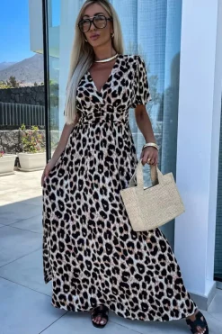 Fashion Dear-Lover Leopard V Neck Cinched High Waist Open Back Maxi Dress Khaki