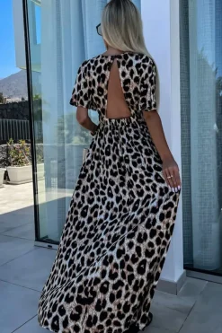 Fashion Dear-Lover Leopard V Neck Cinched High Waist Open Back Maxi Dress Khaki