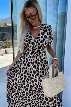 Fashion Dear-Lover Leopard V Neck Cinched High Waist Open Back Maxi Dress Khaki