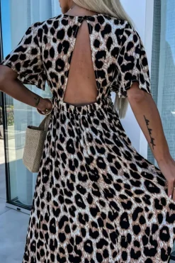 Fashion Dear-Lover Leopard V Neck Cinched High Waist Open Back Maxi Dress Khaki