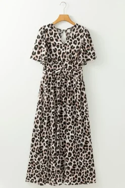 Fashion Dear-Lover Leopard V Neck Cinched High Waist Open Back Maxi Dress Khaki