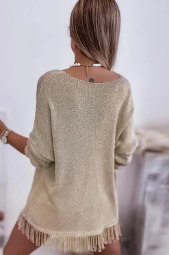 Outlet Dear-Lover Lightweight Knit Fringe Hem Loose Sweater Khaki