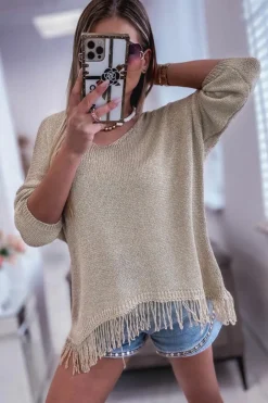 Outlet Dear-Lover Lightweight Knit Fringe Hem Loose Sweater Khaki