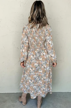 New Dear-Lover Maple Grove Floral Smocked Puff Sleeve Long Dress Khaki
