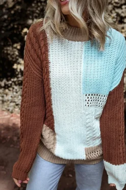 Clearance Dear-Lover Mix Textured Knit Colorblock Patchwork Sweater Khaki