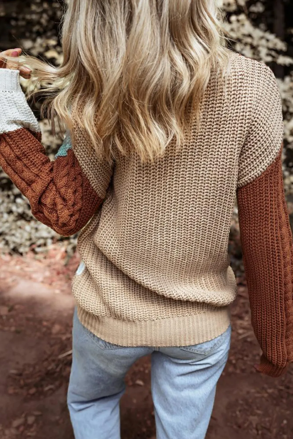 Clearance Dear-Lover Mix Textured Knit Colorblock Patchwork Sweater Khaki