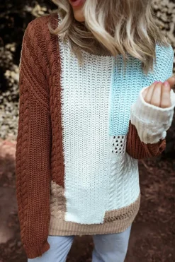 Clearance Dear-Lover Mix Textured Knit Colorblock Patchwork Sweater Khaki
