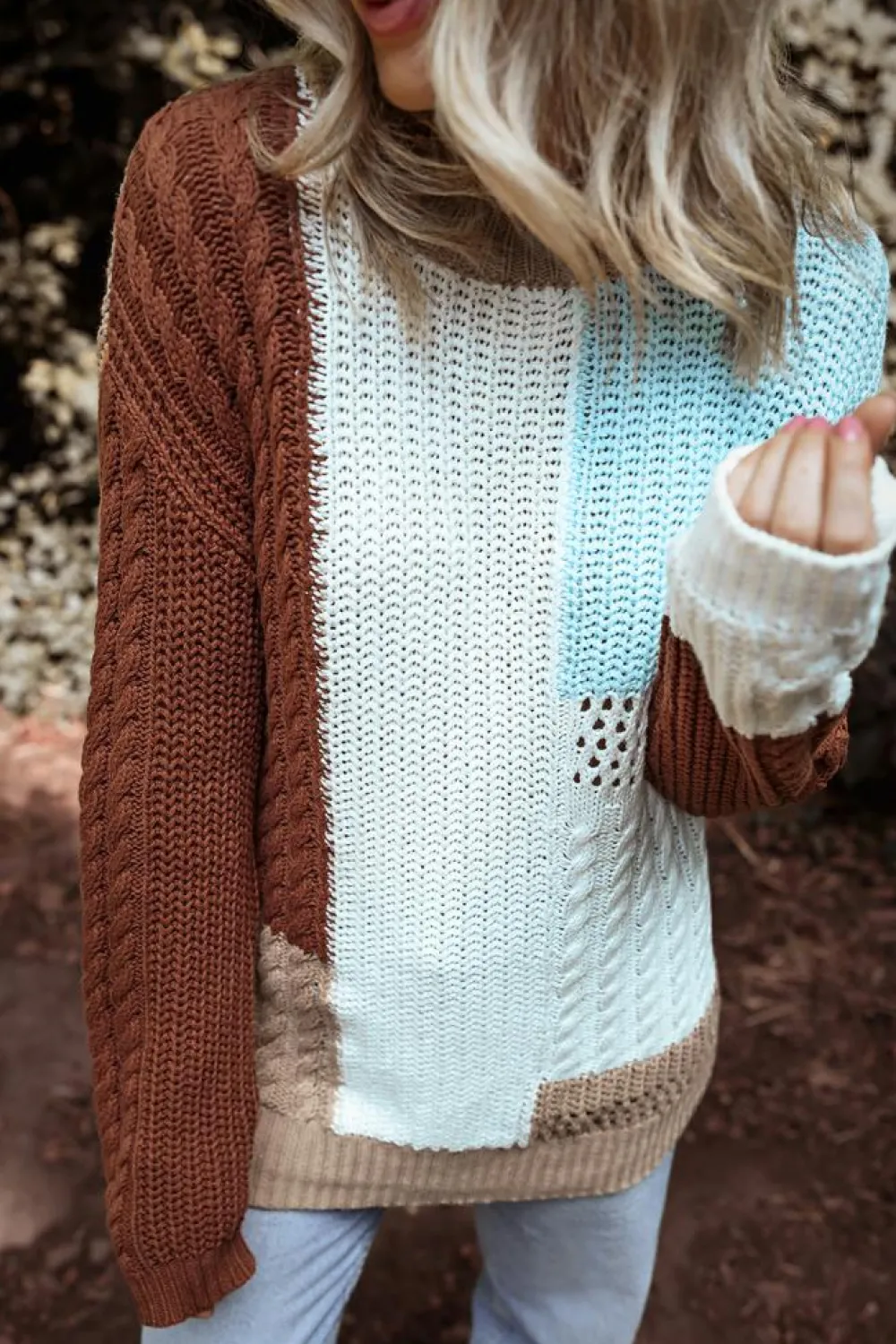 Clearance Dear-Lover Mix Textured Knit Colorblock Patchwork Sweater Khaki