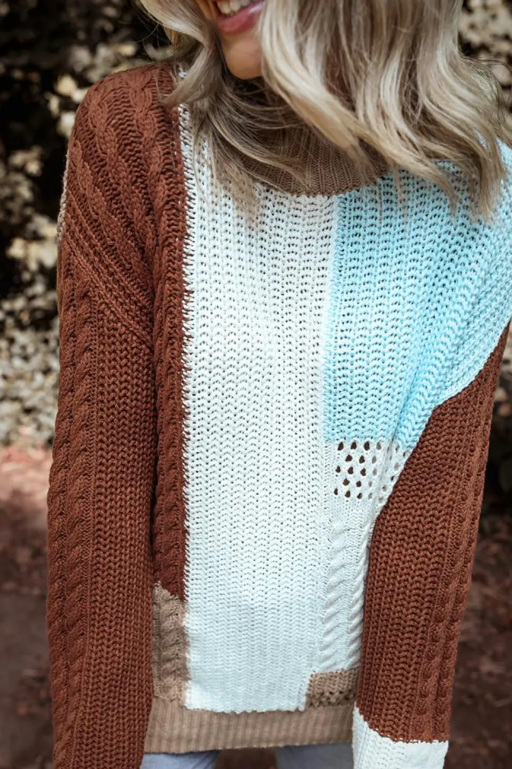 Clearance Dear-Lover Mix Textured Knit Colorblock Patchwork Sweater Khaki