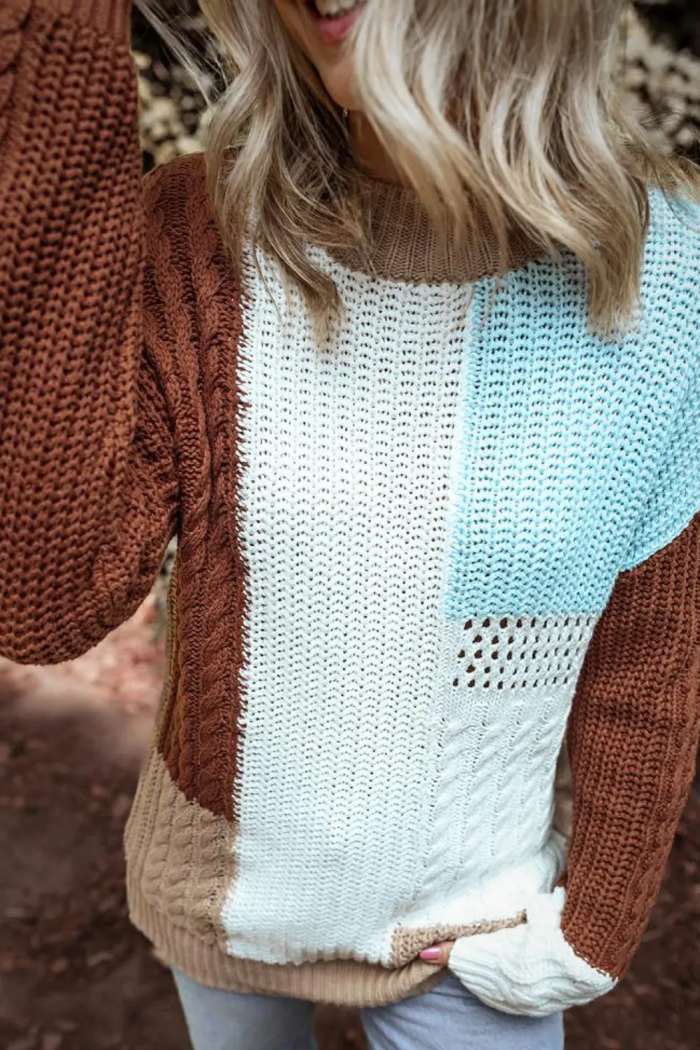 Clearance Dear-Lover Mix Textured Knit Colorblock Patchwork Sweater Khaki
