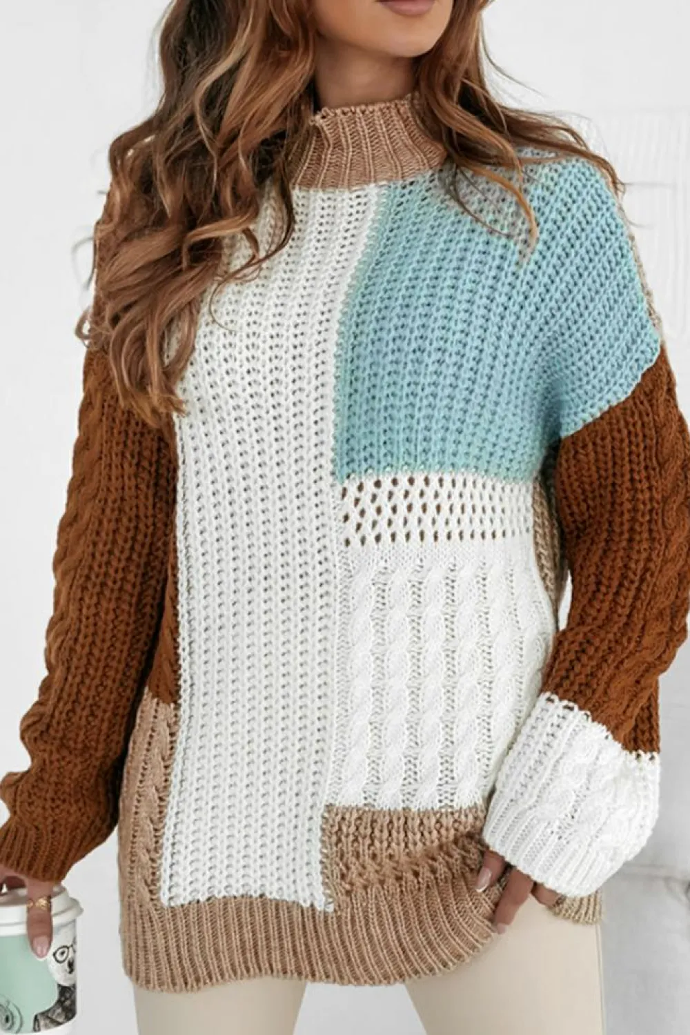 Clearance Dear-Lover Mix Textured Knit Colorblock Patchwork Sweater Khaki